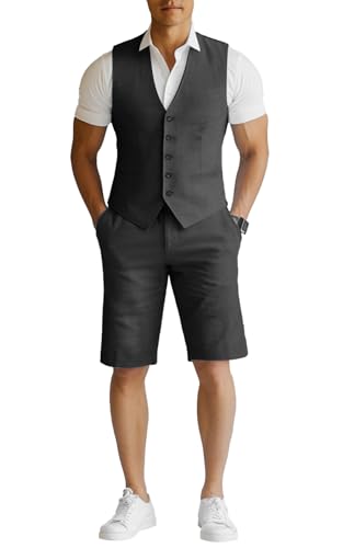 2 Piece Mens Linen Suit Men Waistcoat Shorts Suits Casual Summer Beach Wedding Vest Shorts Set Prom Homecoming Outfit