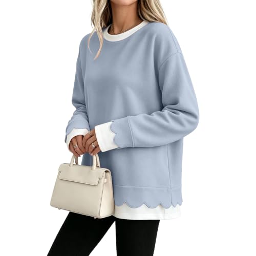 Oversized Sweatshirt for Women Cute Y2k 2 in 1 Scallop Crewneck Sweatshirt - image 2