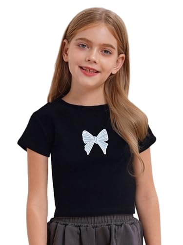 Little Girls Short Sleeve T-Shirt Tie Knot Back Round Neck Crop Top Toddler Printed Summer Tee Blouse