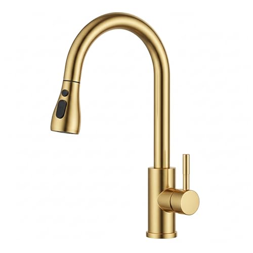 MELTA.® Robinet Cuisine Or Brossé Douchette Extractible Pivotant 360° – Mitigeur Cuisine Évier Arc Élevé en Acier Inoxydable, Robinet Flexible avec 3...