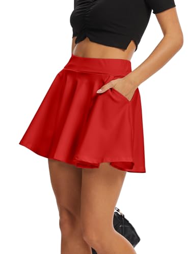 DGSHIRLDJO Falda para Mujer con pantalón Cintura Alta Elástica Patinadora Faldas Cortas Básicas Bolsillos Versátil Minifalda Falda de Tenis XS-XXL (FR/ES, Letras, M, Regular, Regular, Rojo)