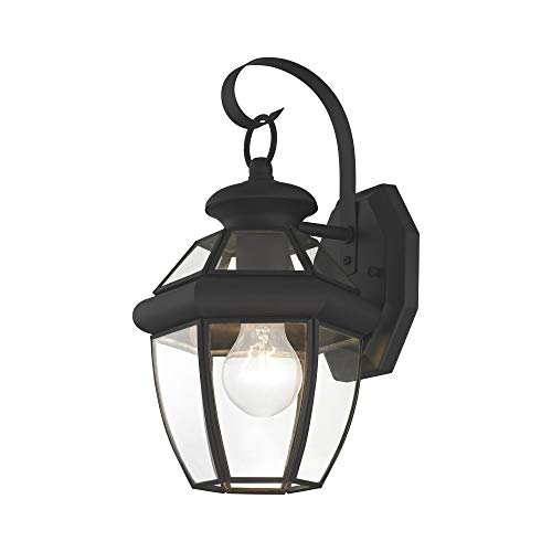 Image of Livex Lighting 2051-04 Monterey 1 Light Outdoor Black Finish Solid Brass Wall Lantern with Clear Beveled Glass | Clear Beveled Glass; Solid brass construction