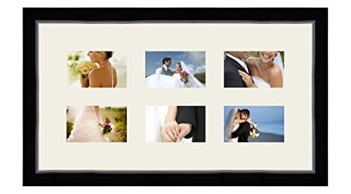Cadres Photos pêle mêle multivues Gris Argent 6 Photo(s) 14x9 Passe Partout, Cadre Photo Mural 57x30 cm Noir avec Filet Argent, 3.4 cm de Largeur