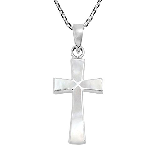 AeraVida Minimalism Christian Cross White Mother of Pearl .925 Sterling Silver Pendant Necklace