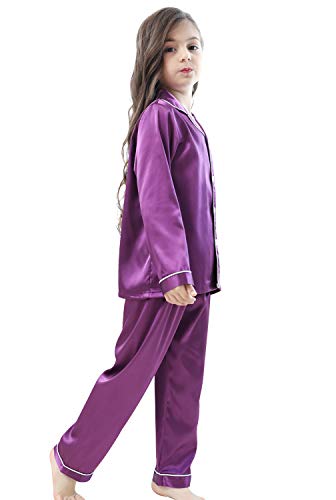 Image of Pajamas Kid Unisex Pjs Set Girls Boys Silk Pajamas Set Satin Long Sleeve 2 Piece Clasic Sleepwear for 2-12 Years Todder