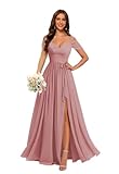 Stylefun Dusty Rose Off Shoulder Bridesmaid Dresses 2026 for Women Chiffon Ruched Long Formal Dresses with Belt US4