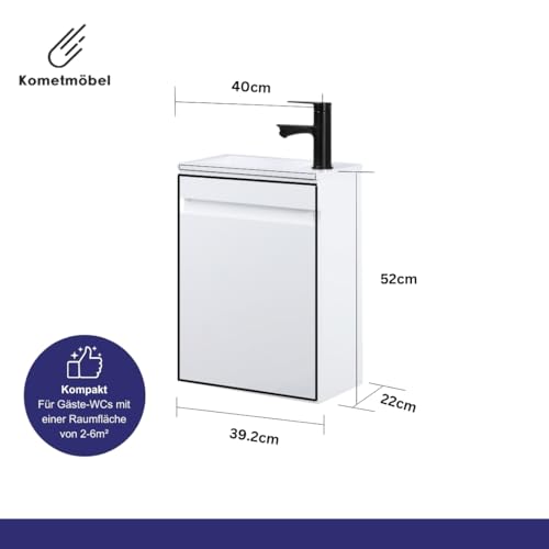 Kometmöbel Gäste-WC Waschtisch Set 40 cm Vormontiert Klein Waschbecken mit Unterschrank (Hochglanz Weiß, Ohne Wasserhahn)