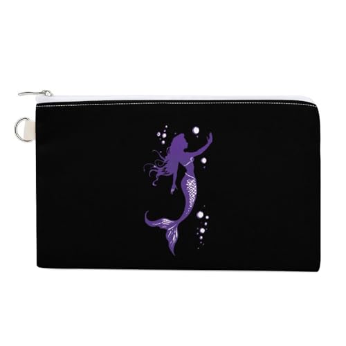 Purple Mermaids Silhouette Fashion Coin Purse Change Makeup Bag Canvas Pencil Pouch Travel