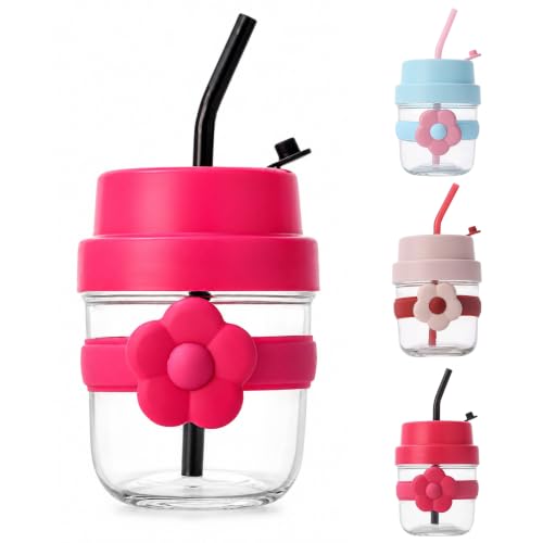 Image of Glass Tumbler with Straw & Lid -300ml, Set of 1, Reusable Glass Sipper Cup with Silicone Flower Sleeve, BPA-Free Drinking Cup for Iced Coffee, Juice, Smoothies, Milk, Water (Random Color)