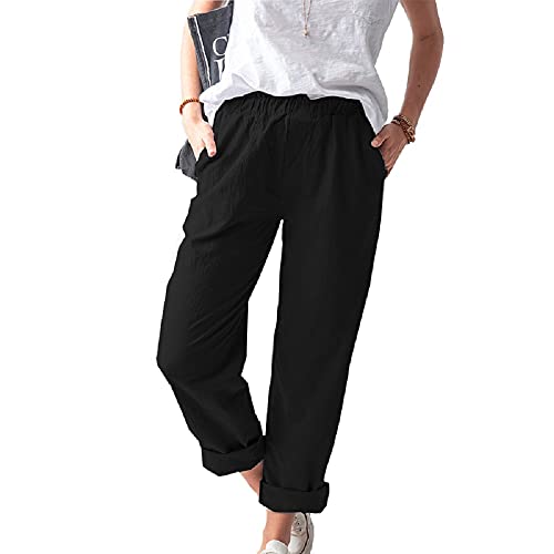 Women's Straight Pants Elastic Waist Casual Trousers Pants with Pockets Black