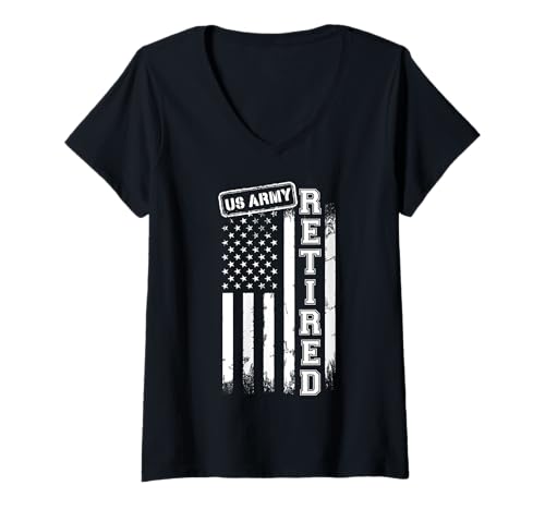 Damen US Army Retired Amerikanische Flagge Vintage Patriotisch T-Shirt mit V-Ausschnitt