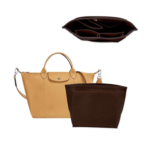 Chispee Handbag Organizers for Longchamp Felt Purse Divider Organizer Insert Pocket & Zipper Inner Bag Liner fit Large, Brown