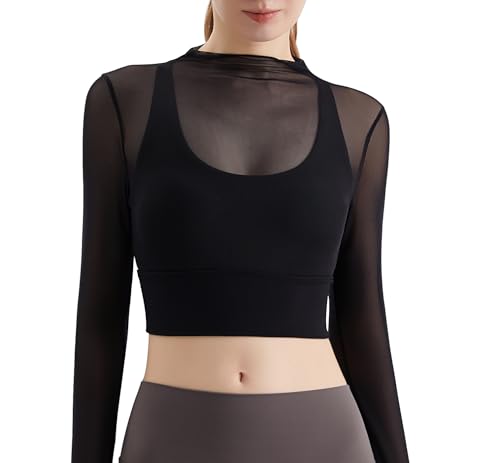 Luna & Sun Sheer Mesh Sexy Crop Top Longsleeve Mock Neck Criss Cross Strappy Back Design Padded Camisole Workout Yoga Fitness