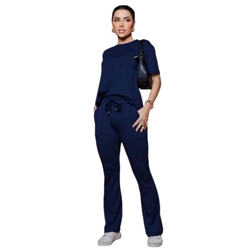 Conjunto Feminino Casual com Calça Reta e Blusa Manga Curta, Cordão de Adorno, Moletinho, Disponível em Preto, Marrom e Azul Marinho (AZUL MARINHO, G)