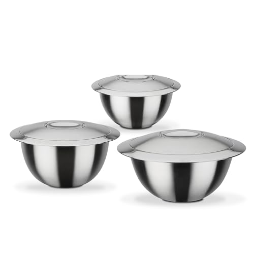 GSW Servier-Thermoschüssel – hochwertiges Servierschüssel-Set bestehend aus 3 Schüsseln mit Deckel, doppelwandige Isolierung warm und kalt – Edelstahl, rostfrei, 6-teilig, Silber