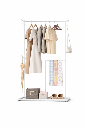 Image of Raawan Heavy Duty Double Rod Clothes Rack with Side Storage Shelves | Metal Garment Stand Organizer | Space Saving Cloth Hanger Stand for Bedroom, Living Room & PG (1 LAYER SM WHITE)