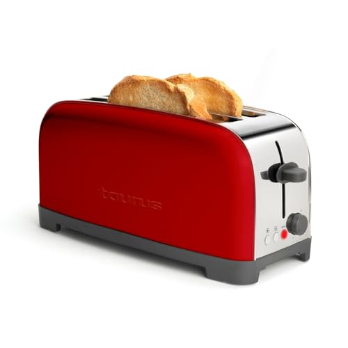 Taurus Vintage Red – Tostador, 1400W, 6 niveles de tostado, dos ranuras extra largas de anchura variable, funciones: stop, recalentar y descongelar, sistema auto centrado, acero inoxidable