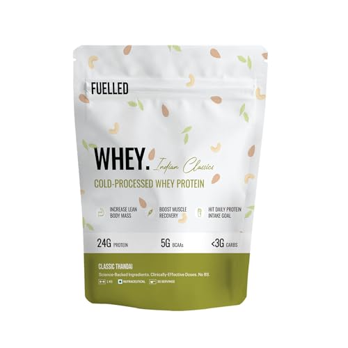 Image of FUELLED Whey Protein Powder Concentrate & Isolate with 24 g Protein, 5 g BCAA (1 kg, 30 Servings) Lab Tested (Classic Thandai)