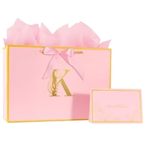 12.6Inch Large Pink Letter Gift Bag with gift Card and Tissue Paper for Girl Women’s Birthday,Valentine’s Day, Thank You,Christmas,Any Occation (Pink K)