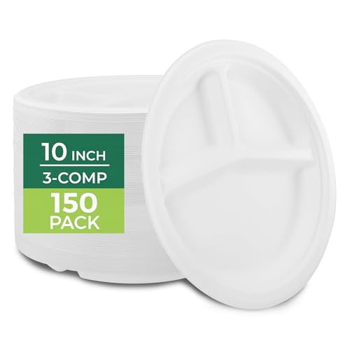 Freshware Paper Plates - Disposable 10 Plate 150-Pack Biodegradable Sugarcane Dinner Plates - Heavy Duty Dinnerware - Microwave & Freezer Safe Stackable Dinnerware - 3-Compartment