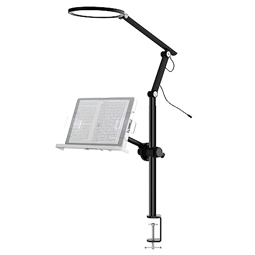 Neatfi (New Model) Multi-Functional LED Desk Lamp, Dimmable, 3 Color Modes, 5 Brightness Levels, Zoom Light, Webcam Light, Touch Controls, USB/Plug Powered (with Book/Tablet Holder and Clamp)