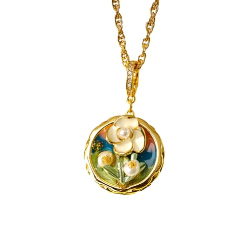 18K Gold Plated Vintage Enamel Flower Necklace for Women - Handmade Style Camellia Pearl Pendant - French Retro Art Nouveau Floral Jewelry Gift for Mother Wife (Colorful flowers)