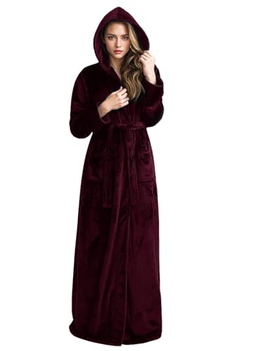 Hellomamma Long Hooded Robe for Women Luxurious Flannel Fleece Full Length Bathrobe Winter Warm Pajamas Shower Nightgown