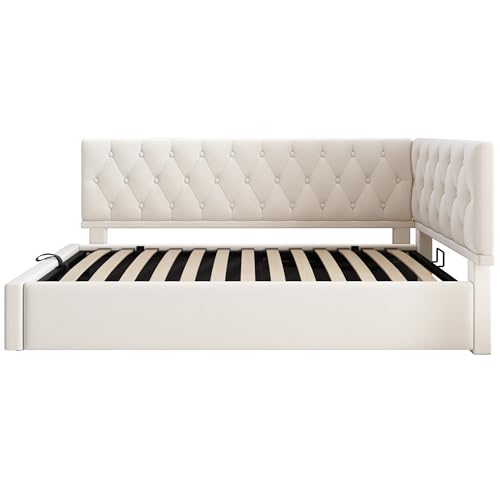 TIZZ Cama tapizada, 90 x 190 cm, sofá cama con espacio de almacenamiento hidráulico, cama infantil, cama juvenil, estructura de cama con somier de madera, terciopelo, beige, sin colchón - imagen 5