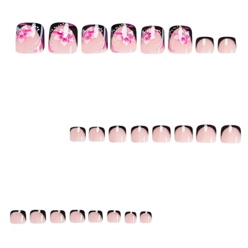 Image of 24Pcs Press on Toenails Black French Tip Fake Toenails Flower Toe Nail Press Ons with Design Glossy Full Cover Short Square Stick on Toes for Women Manicure