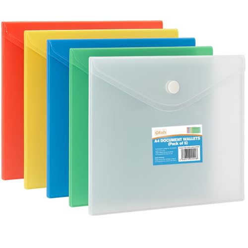 5 Pack A4 Document Wallets with Button Closure Transparent Plastic File Folders for Office School and Home Durable Waterproof Folder for Certificates Bills Papers and Documents Storage