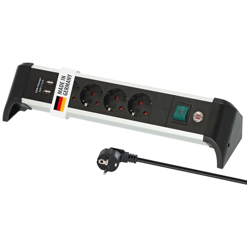 Brennenstuhl Alu-Office-Line Steckdosenleiste 4-Fach/Mehrfachsteckdose mit USB (Steckerleiste für den Schreibtisch, 1,8m Kabel, mit Schalter, Made in Germany)