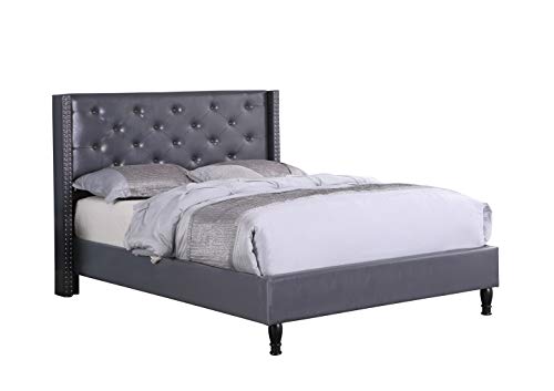 Full Upholstered Platform Bed Frame With 51" Tall Headboard - Button Tufted Leather Bed - Wood Slat Support With Storage Space - No Box Spring Needed - Easy Assembly - Grey - Oliver & Smith Astor #TOP3