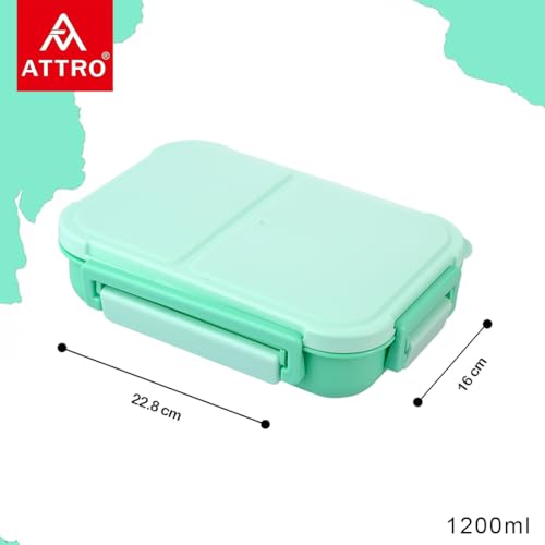 Image of ATTRO Gourmet 2 Compartment Lunch Box Portable Meal Organizer for Office, School BPA-Free, Food Grade, Freezersafe, Microwave & Oven Safe 1200ml Mint Green, Plastic