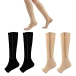 2 Pairs Zipper Compression Socks for Women Men,15-20 mmHg Open Toe Compression Sock,Knee High Calf Compression Socks for Women Men,Suitable for Sports, Travel, Daily use (Black,Skin)