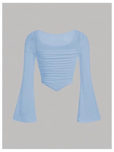 Image of Floerns Girls Bell Long Sleeve Square Neck Asymmetrical Hem Mesh Ruched Crop Tops Tees