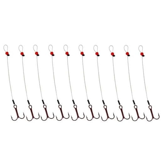 Tooth Shield Tackle 10-Pack Walleye Stinger Hooks/Trailer Hooks 15lb Fluorocarbon Leader Material Red VMC Hooks [Red] (Hook Size: 6)
