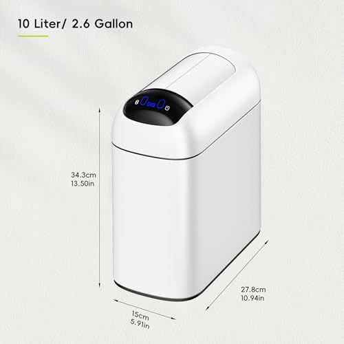 Image of EKO Astro Slim Sensor Trash Can, 10L / 2.6 Gallon Touchless Garbage Bin with Soft-Close Retractable Wing Lid, Motion Sensor Stainless Steel Garbage Can for Bathroom, Kitchen, Office, Waterproof, White