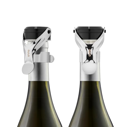 2 Stück OWO Weinverschluss & Sekverschluss 2 in 1 Flaschenverschluss Weinflaschenverschluss & Sektflaschenverschluß Edelstahl für Wien Schaumweine Champagner mit Silikon (Silber)