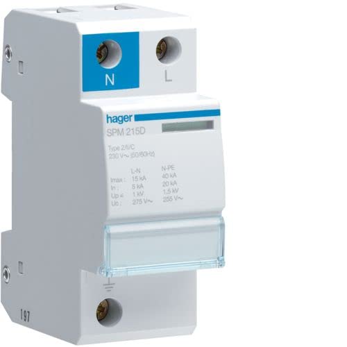 Hager Sistemas SPM215D Limitador de Sobretensión Monobloc Tipo 2, 1P+N, 15 kA, 275V