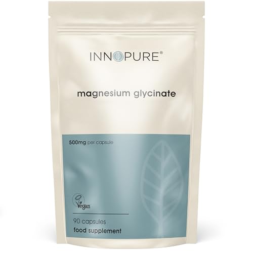 INNOPURE Magnesium Glycinate - 90 Capsules - Bioavailable Magnesium Supplements - 500mg Per Capsule Providing 100mg of Pure Elemental Magnesium Bisglycinate Powder - Made in The UK
