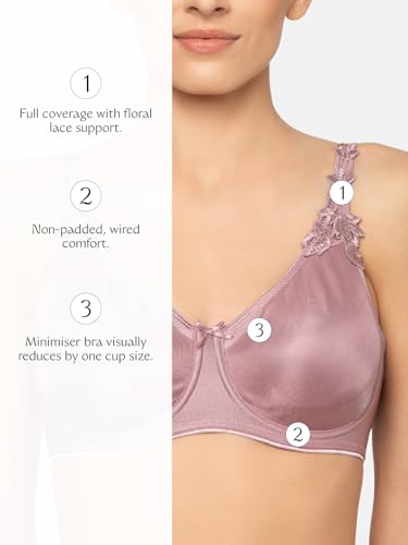 Image of Triumph International Minimizer Women Bra Wired Non Padded High Support Big Cup Lingerie Visual Bust Reduction Comfort Bra Floral Lace Full Coverage Shapewear Wide Straps & U-Back Support Pack of 1