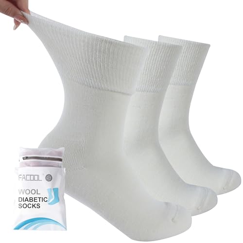 Facool Diabetic Socks - Hypoallergenic Wool, Safe for Sensitive Skin & Allergies, 3 Pairs Off-white Large