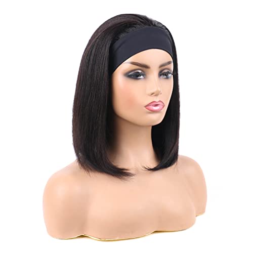 Huarisi 10a Headband Wigs Bob Human Hair 12 Inch Short Straight Headband Bob Wigs Remy Hair Bob Wig Blunt Cut without Bangs None Lace for Black Women Natural Colour - Image 2