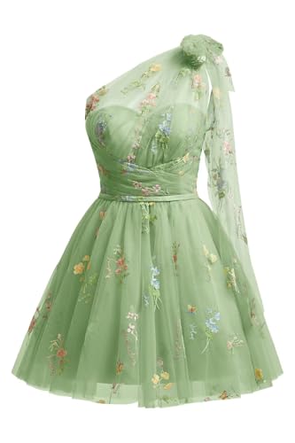 Tulle Flower Embroidery Homecoming Dresses Short for Teens 2024 One Shoulder A-Line Fairy Formal Party Prom Gown