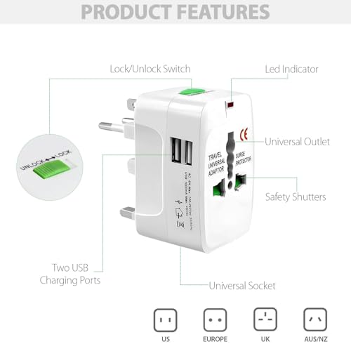 Image of Pivalo Universal Travel Adapter with Dual USB AC /DC 6A /5V Charging Ports 1000mAh All in one Multipurpose Power Plug Portable International Travelling for Phone Camera Laptop (Pack of 1, White)