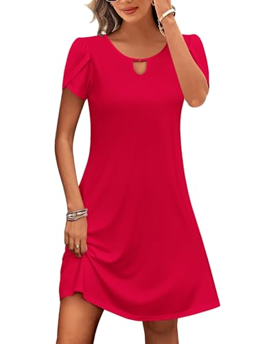 Zeagoo Vestido casual acampanado para mujer, con bolsillos, para verano, playa, floral, vestido camiseta, manga corta, vestidos de verano fluidos, tallas S-XXL, rosso, M