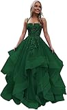 Tulle Prom Dresses Teens Lace Applique Long Ball Gown Tiered Ruffle Sparkly Formal Evening Gowns Emerald Green M