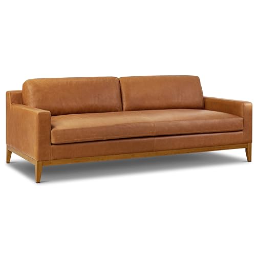 Image of POLY & BARK Zyon 90 inch Sofa - Saddle Tan Full-Grain Pure-Aniline Italian Leather, Feather-Down Cushions, Solid Wood Base & Legs, Mid-Century Modern Design