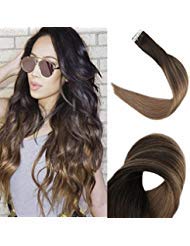 【Promotion】Full Shine 22" Tape in Hair Extensions Remy Human Hair Balayage Ombre Hair Extensions Color #2 Fading to #8 Dip Dyed Ombre Hair Extensions 50g 20 Pcs Per Package