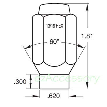 20 ET Conical Long Lug Nuts 7/16"-20 with Center Washers 0.33" Shank 0.62" Dia 1.81" Length
